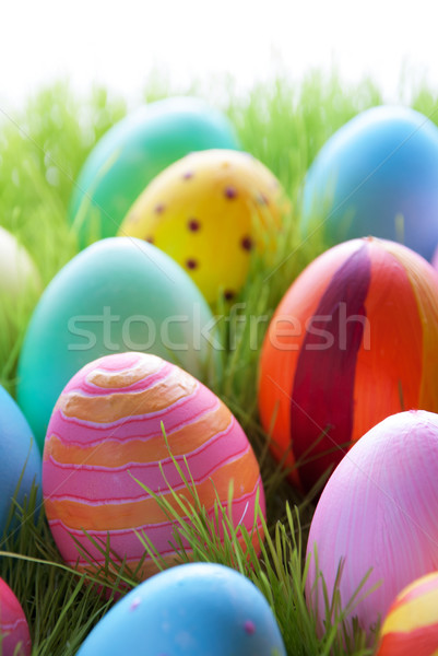 Stock photo: Green Grass With Many Colorful Easter Eggs For Seasons Greetings