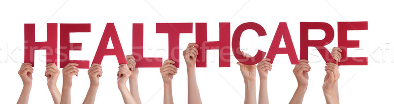 Many People Hands Holding Red Straight Word Healthcare  Stock photo © Nelosa