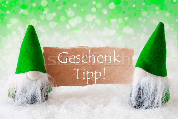 Green Natural Gnomes With Card, Geschenk Tipp Means Gift Tip Stock photo © Nelosa