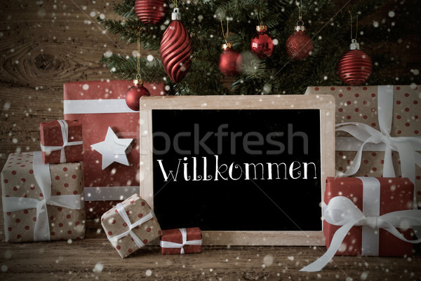Nostalgic Christmas Tree, Snowflakes, Willkommen Means Welcome Stock photo © Nelosa
