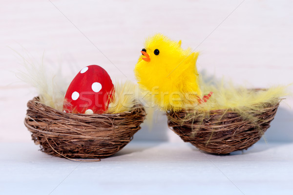 One Red Easter Egg And Yellow Chick In Nest Stock photo © Nelosa