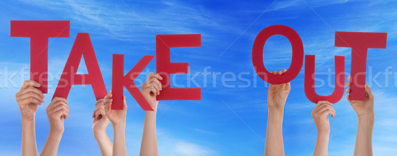 People Hands Holding Red Word Take Out Blue Sky Stock photo © Nelosa