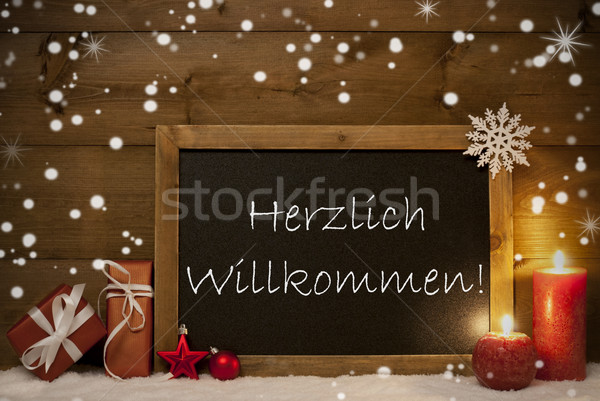 Christmas Card, Blackboard, Snowflakes,Willkommen Mean Welcome Stock photo © Nelosa