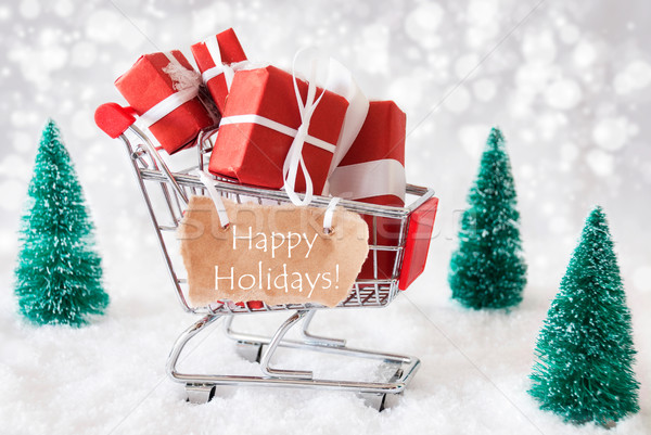 Trolly With Christmas Presents And Snow, Text Happy Holidays Stock photo © Nelosa