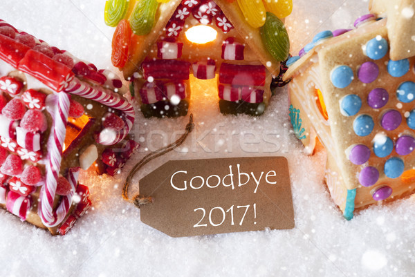 Stock photo: Colorful Gingerbread House, Snowflakes, Text Goodbye 2017