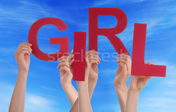 Many People Hands Holding Red Word Girl Blue Sky Stock photo © Nelosa