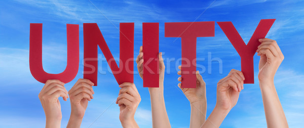 Many People Hands Holding Red Straight Word Unity Blue Sky Stock photo © Nelosa