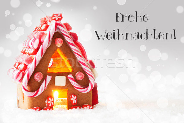 Gingerbread House, Silver Background, Frohe Weihnachten Means Merry Christmas Stock photo © Nelosa