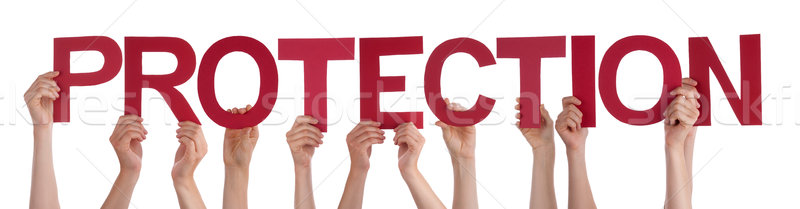 Many People Hands Holding Red Straight Word Protection Stock photo © Nelosa