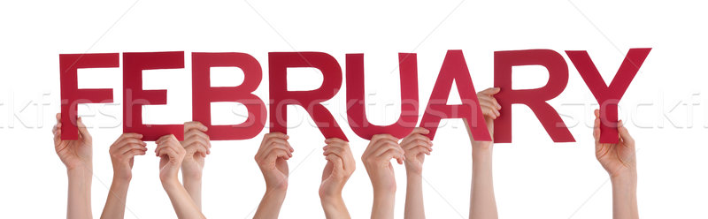 Stock photo: Many People Hands Holding Red Straight Word February