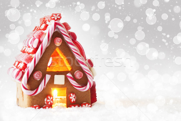 Gingerbread House, Silver Background With Bokeh And Snowflakes, Copy Space Stock photo © Nelosa