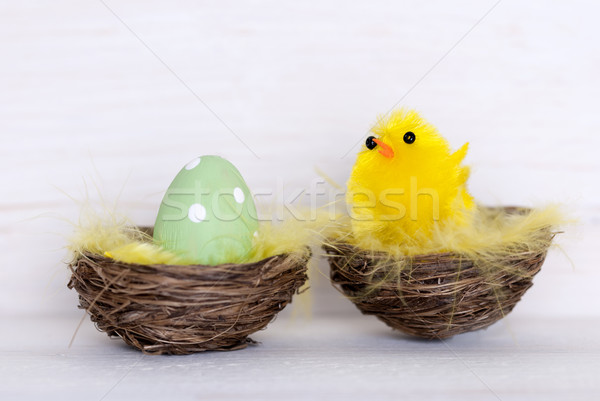 One Green Easter Egg And Yellow Chick In Nest Stock photo © Nelosa