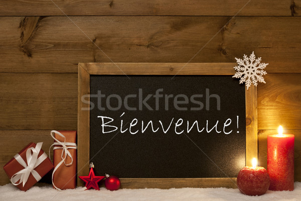 Festive Christmas Card, Blackboard, Snow, Bienvenue Mean Welcome Stock photo © Nelosa