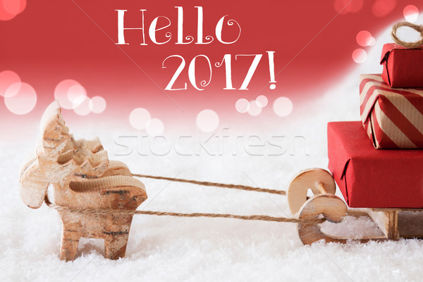 Stock photo: Reindeer With Sled, Red Background, Text Hello 2017