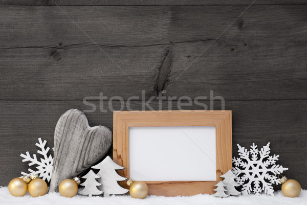 Foto stock: Dourado · cinza · natal · decoração · neve · cópia · espaço