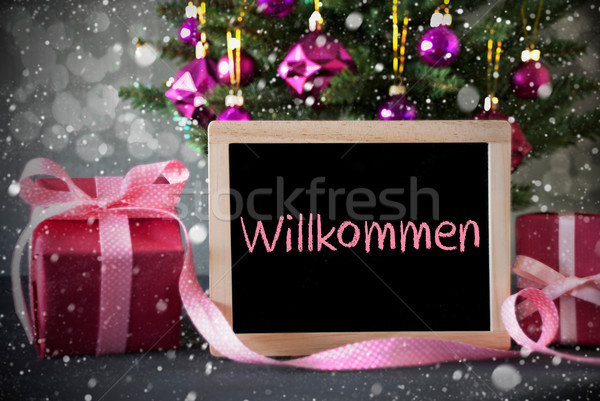 Tree With Gifts, Snowflakes, Bokeh, Willkommen Means Welcome Stock photo © Nelosa