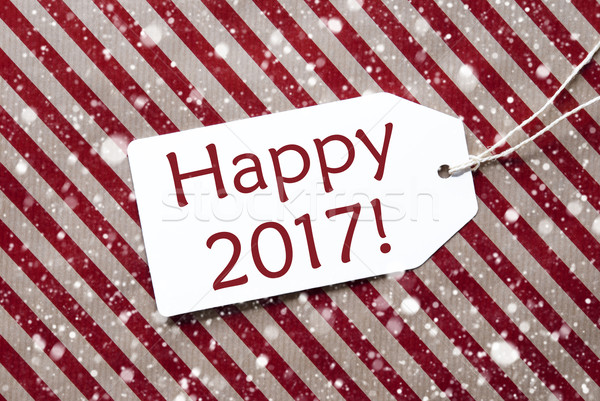 Stock photo: Label On Red Paper, Snowflakes, Text Happy 2017