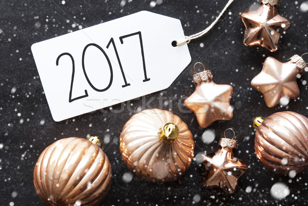 Stock photo: Bronze Christmas Balls, Snowflakes, Text 2017