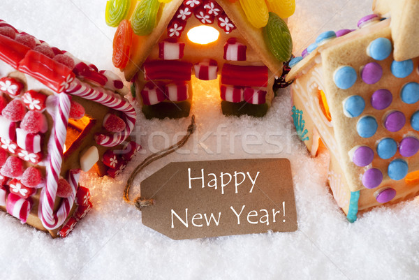 Stok fotoğraf: Renkli · zencefilli · çörek · ev · kar · metin · happy · new · year