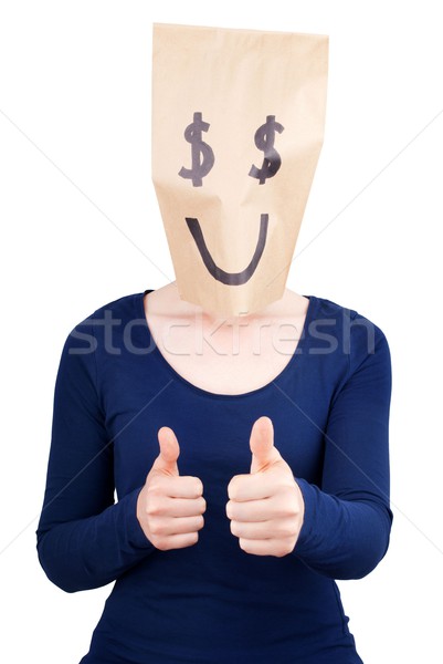 Szczęśliwy znak dolara osoby torby papierowe głowie Zdjęcia stock © Nelosa