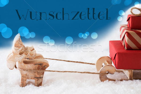 Reindeer With Sled, Blue Background, Wunschzettel Means Wish List Stock photo © Nelosa