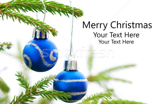 Christmas Fir Tree With Two Blue Christmas Balls With Merry Christmas Stock photo © Nelosa