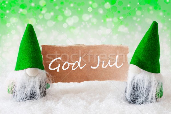 Green Natural Gnomes With Card, God Jul Means Merry Christmas Stock photo © Nelosa