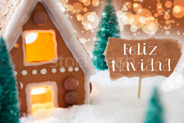 Gingerbread House, Bronze Background, Feliz Navidad Means Merry Christmas Stock photo © Nelosa