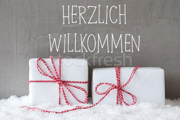Two Gifts With Snow, Herzlich Willkommen Means Welcome Stock photo © Nelosa