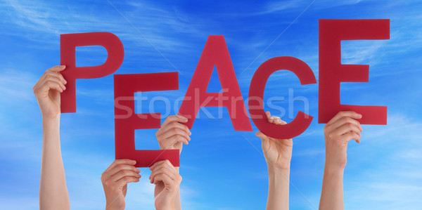 Many People Hands Holding Red Word Peace Blue Sky Stock photo © Nelosa