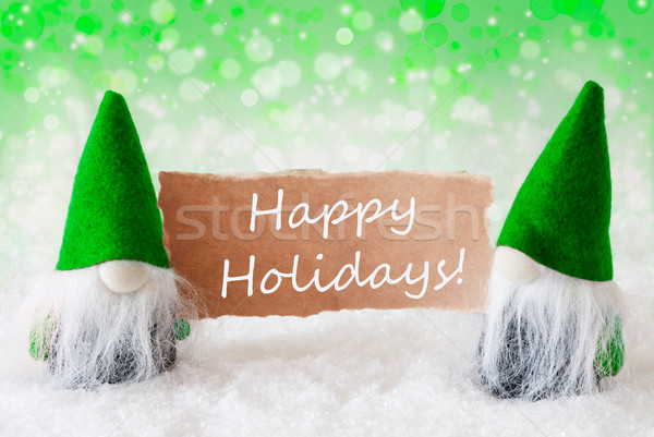 Green Natural Gnomes With Card, Text Happy Holidays Stock photo © Nelosa
