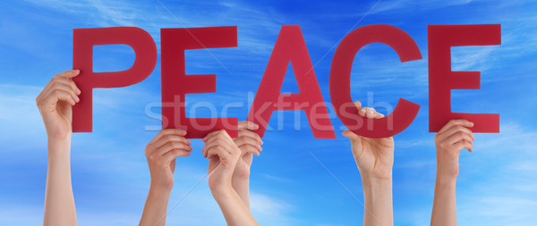 Many People Hands Holding Red Straight Word Peace Blue Sky Stock photo © Nelosa