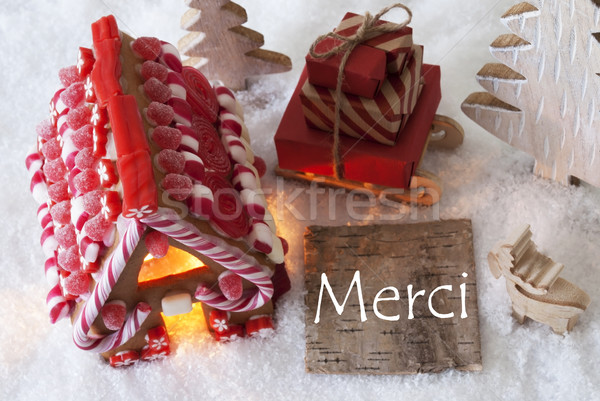 Gingerbread House, Sled, Snow,Merci Means Thank You Stock photo © Nelosa