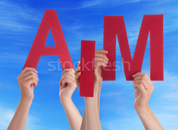 Many People Hands Holding Red Word Aim Blue Sky Stock photo © Nelosa