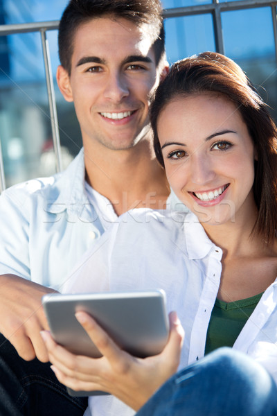 Stockfoto: Outdoor · portret · een · digitale · tablet