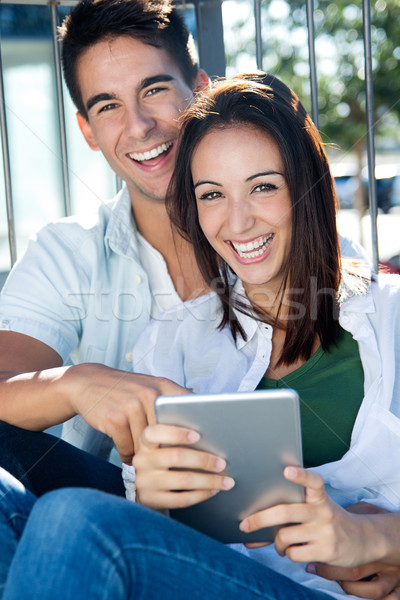 Stockfoto: Outdoor · portret · een · digitale · tablet