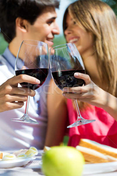 Attractive couple drinking wine on romantic picnic in countrysid Stock photo © nenetus