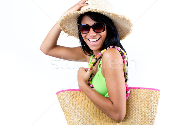 Happy young girl with hat and green bikini Stock photo © nenetus