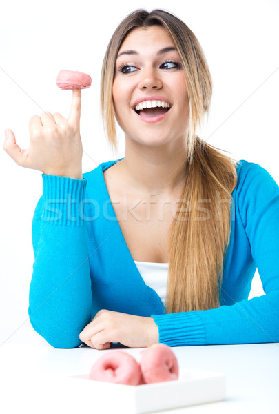 Stockfoto: Jonge · mooi · meisje · eten · donut · geïsoleerd · witte