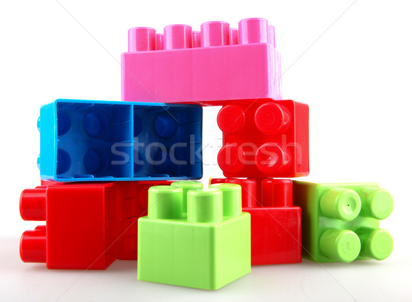 Imagine de stoc: Plastic · Blocuri · de · constructii · alb · fundal · cutie · verde