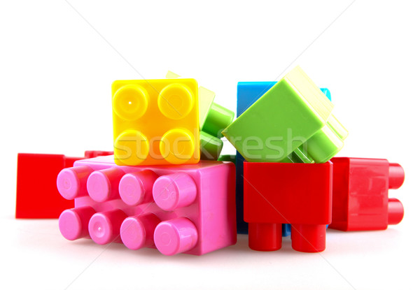 Foto stock: Plástico · blocos · de · construção · branco · fundo · caixa · verde