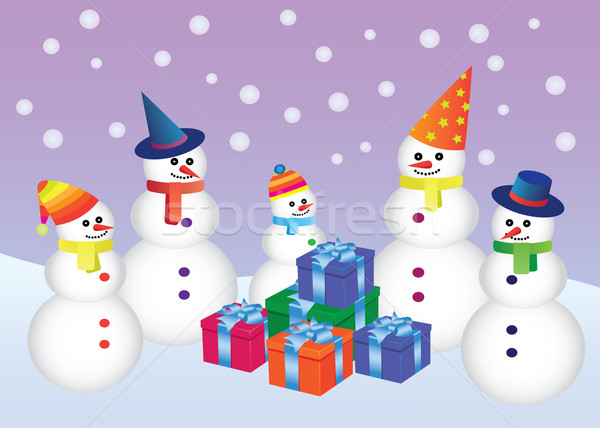 five snowmen with presents Stock photo © Neokryuger