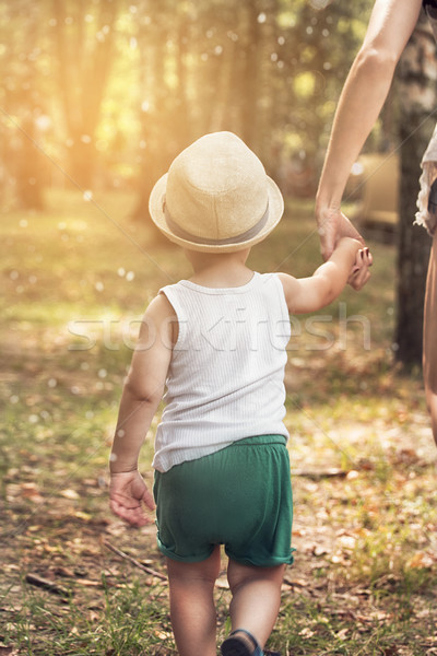 Kicsi fiú sétál anya park napos idő Stock fotó © NeonShot