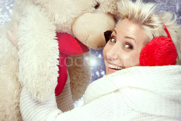 Stockfoto: Glimlachende · vrouw · teddybeer · glimlachend · mooie · volwassen · vrouw