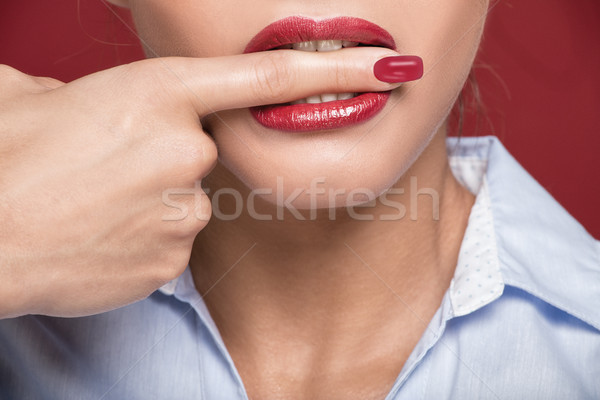 Stok fotoğraf: Beyaz · parmak · fotoğraf · kırmızı · dudaklar