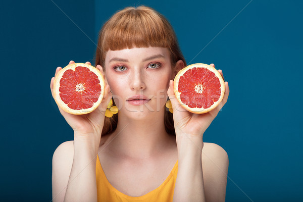 Foto stock: Menina · toranja · azul · retrato · belo