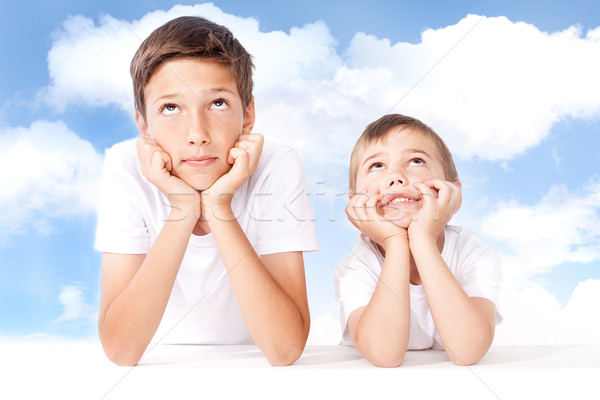 Stock fotó: Kettő · kicsi · fiútestvérek · pózol · égbolt · családi · portré