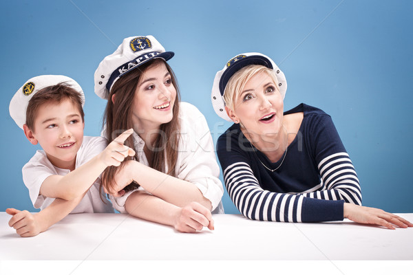 Foto stock: Azul · fundos · família · mãe · crianças