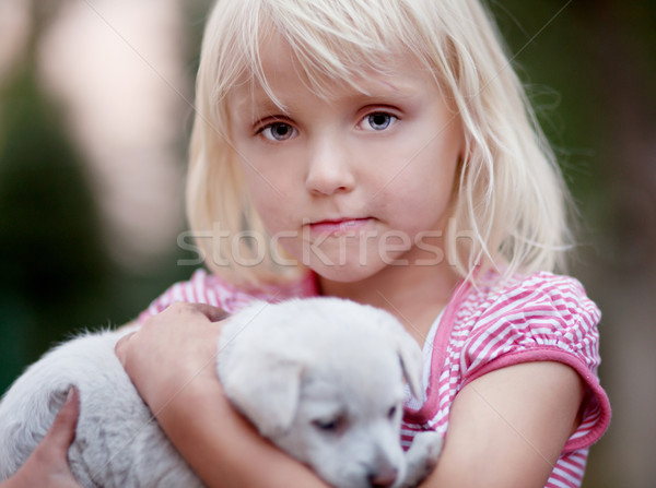 Stok fotoğraf: Küçük · kız · köpek · sevimli · küçük · köpek · yavrusu