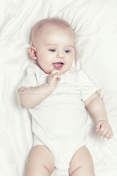 Foto stock: Feliz · pequeno · bebê · menino · branco · folha